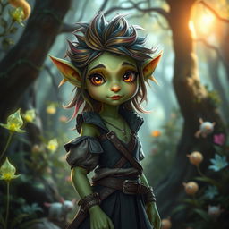 A fantasy scene featuring a humanoid goblin girl with delicate features and green skin, showcasing her playful and mischievous nature