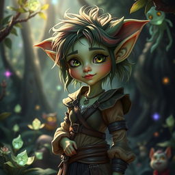 A fantasy scene featuring a humanoid goblin girl with delicate features and green skin, showcasing her playful and mischievous nature