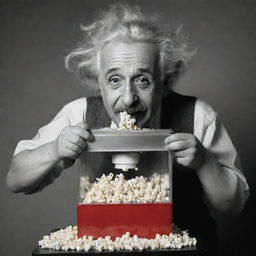 An image of Albert Einstein in a playful pose, using a popcorn machine. He's energetically smashing popcorn kernels and enjoying eating the popped corn with a curious and delighted expression.