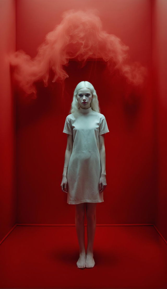 Thin albino teenage girl in white shift dress in a windowless minimalist red room filled with thick low smoke. Raw, unedited 16k photograph capturing side view of symmetrical facial features under low light.