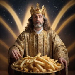 A divine figure radiating light, clothed in regal robes, outstretching a gilded platter full of golden, crispy fries against a celestial backdrop.