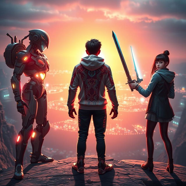 In a cyber gaming world, three characters are standing on a cliff, facing away from the viewer