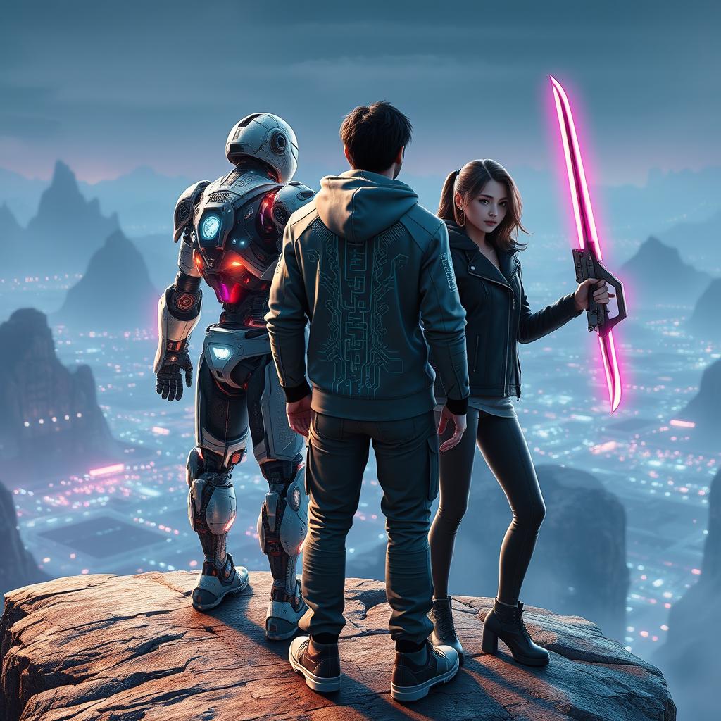 In a cyber gaming world, three characters are standing on a cliff, facing away from the viewer