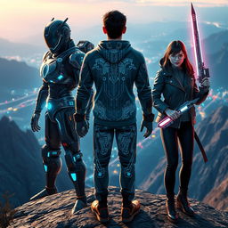 In a cyber gaming world, three characters are standing on a cliff, facing away from the viewer