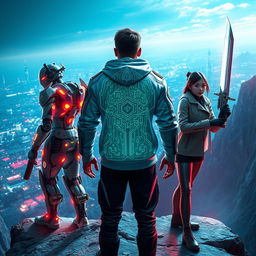 In a cyber gaming world, three characters are standing on a cliff, facing away from the viewer