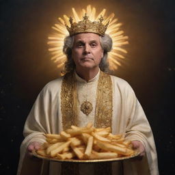 A divine figure radiating light, clothed in regal robes, outstretching a gilded platter full of golden, crispy fries against a celestial backdrop.