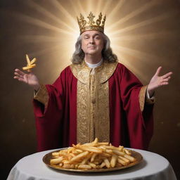 A divine figure radiating light, clothed in regal robes, outstretching a gilded platter full of golden, crispy fries against a celestial backdrop.