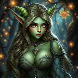 A stunning fantasy girl with goblin features that resemble a human, showcasing her big breasts and long flowing hair