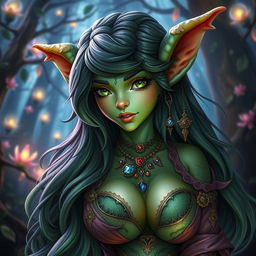 A stunning fantasy girl with goblin features that resemble a human, showcasing her big breasts and long flowing hair