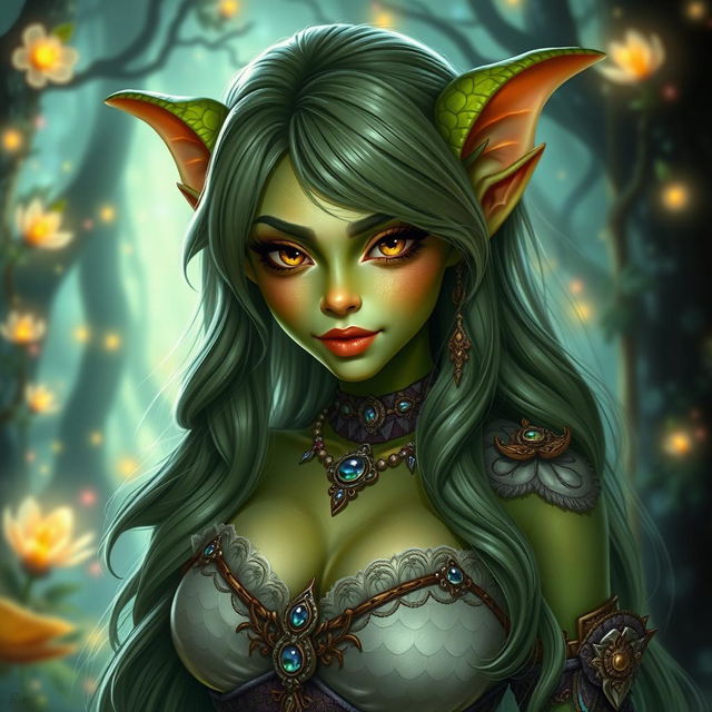 A stunning fantasy girl with goblin features that resemble a human, showcasing her big breasts and long flowing hair