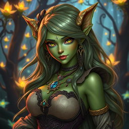 A stunning fantasy girl with goblin features that resemble a human, showcasing her big breasts and long flowing hair