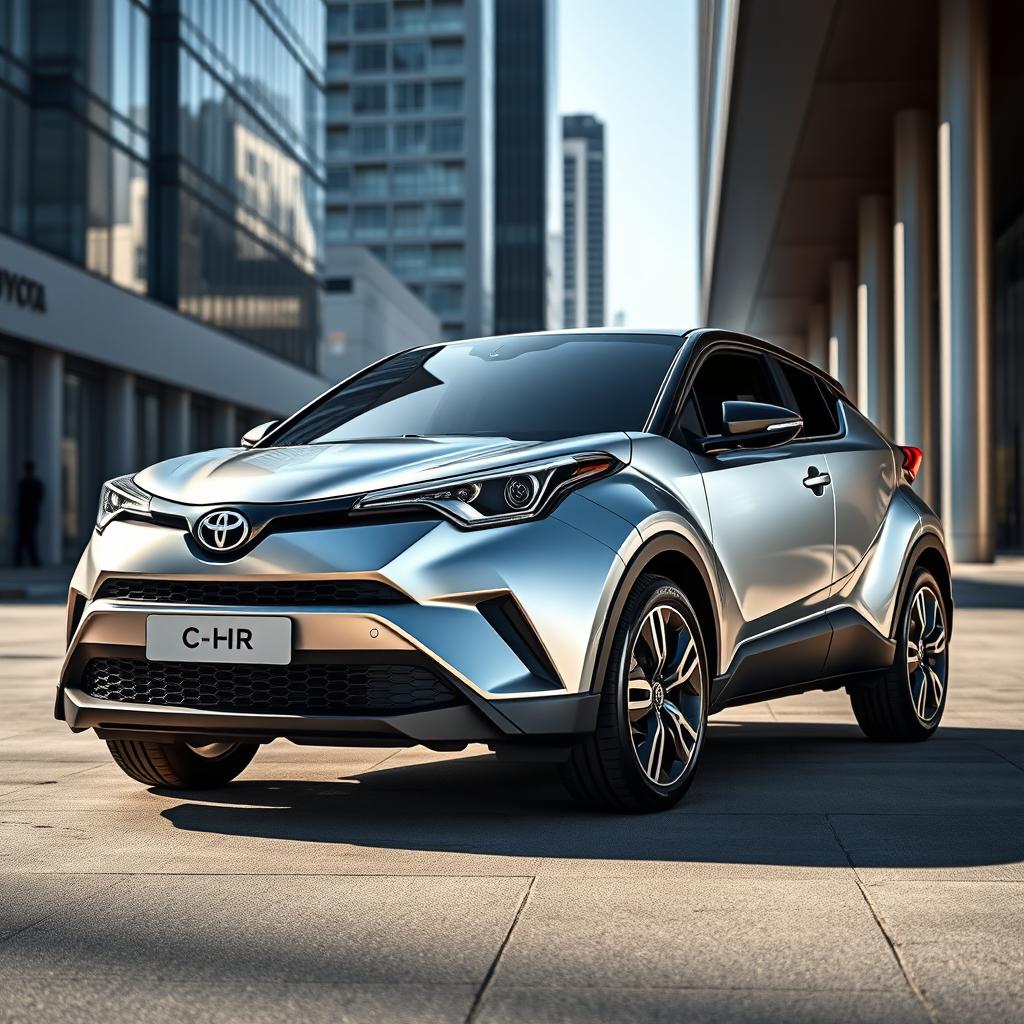 A brand new 2024 Toyota C-HR II in a brilliant silver finish, exhibiting a futuristic design characterized by bold lines and a sleek silhouette