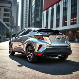 A brand new 2024 Toyota C-HR II in a brilliant silver finish, exhibiting a futuristic design characterized by bold lines and a sleek silhouette