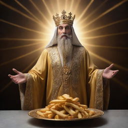 A divine figure radiating light, clothed in regal robes, outstretching a gilded platter full of golden, crispy fries against a celestial backdrop.