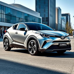 A brand new 2024 Toyota C-HR II in a brilliant silver finish, exhibiting a futuristic design characterized by bold lines and a sleek silhouette