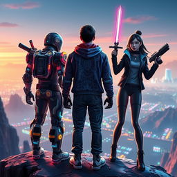 In a vibrant cyber gaming world, three characters stand on a cliff, all facing away from the viewer