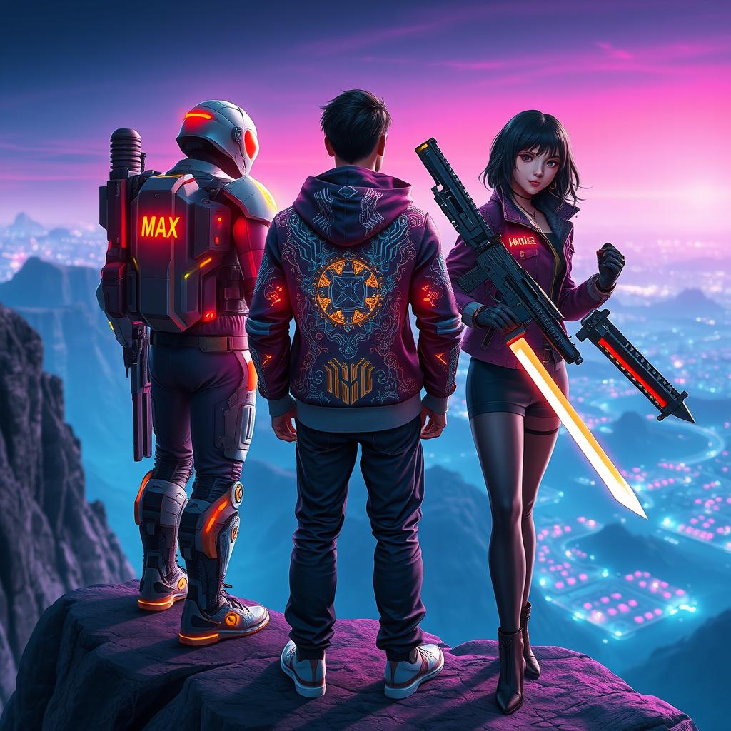 In a vibrant cyber gaming world, three characters stand on a cliff, all facing away from the viewer