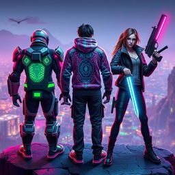 In a vibrant cyber gaming world, three characters stand on a cliff, all facing away from the viewer