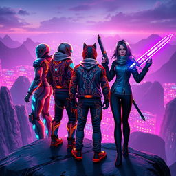 In a vibrant cyber gaming world, three characters stand on a cliff, all facing away from the viewer