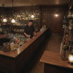 A bird's-eye view of a solitary man drinking at a bar, with a bartender busily preparing a cocktail. Behind the bartender, a quaint rack displays an array of assorted drinks.