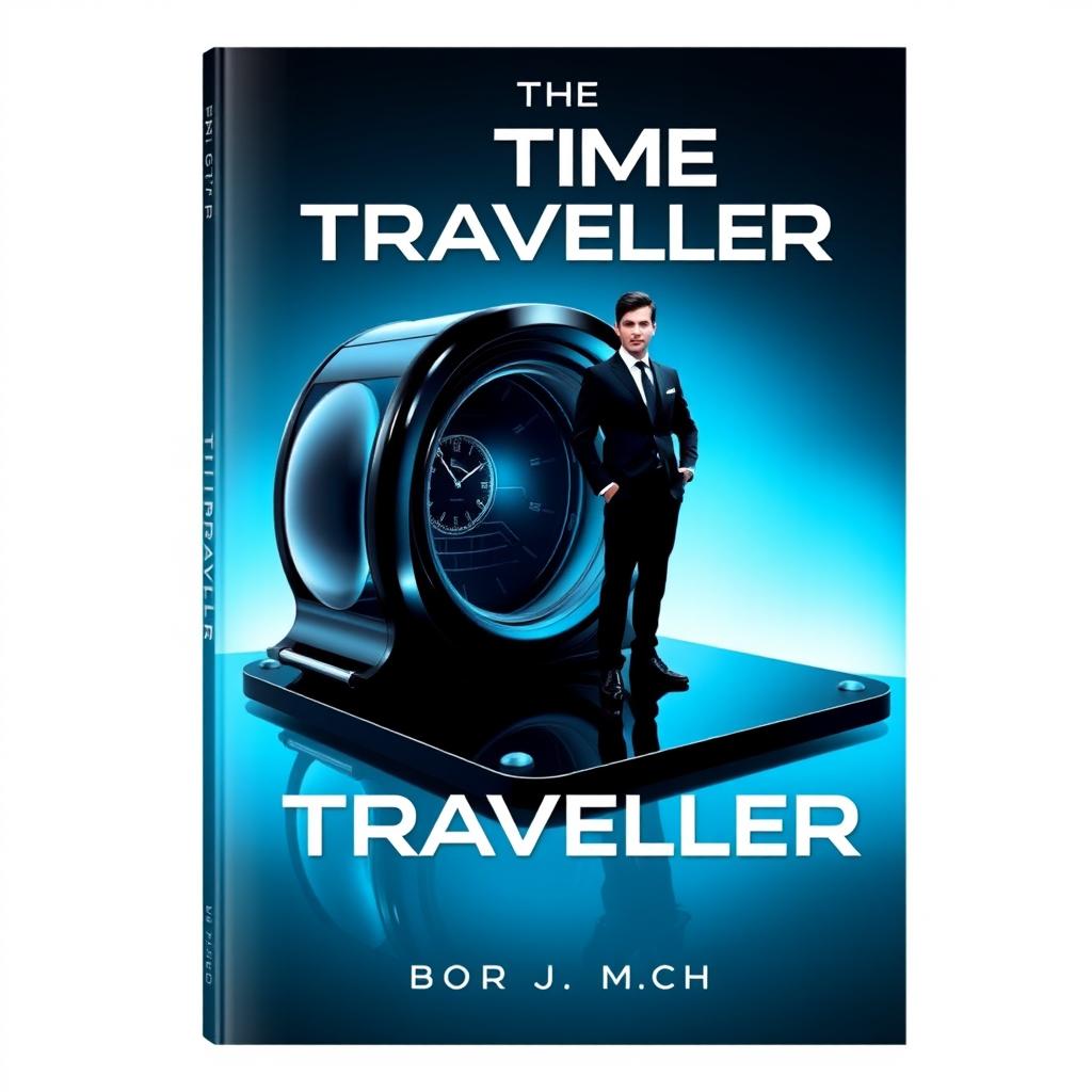 A futuristic book cover design titled 'The Time Traveller (T