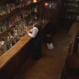 A bird's-eye view of a solitary man drinking at a bar, with a bartender busily preparing a cocktail. Behind the bartender, a quaint rack displays an array of assorted drinks.