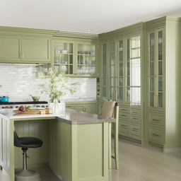 A modern farmhouse style kitchen featuring green cabinets and a white subway tile backsplash. The L-shaped layout has a glass China cabinet at one end and a central peninsula island.