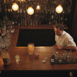 A bird's-eye view of a solitary man drinking at a bar, with a bartender busily preparing a cocktail. Behind the bartender, a quaint rack displays an array of assorted drinks.