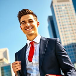 A confident adult male standing tall in a stylish urban setting, wearing a tailored navy blue suit with a crisp white shirt and a vibrant red tie