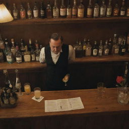 A bird's-eye view of a solitary man drinking at a bar, with a bartender busily preparing a cocktail. Behind the bartender, a quaint rack displays an array of assorted drinks.