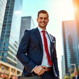 A confident adult male standing tall in a stylish urban setting, wearing a tailored navy blue suit with a crisp white shirt and a vibrant red tie