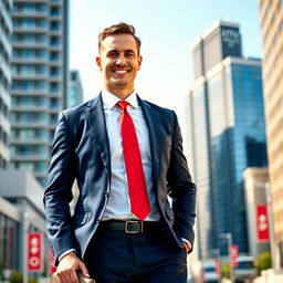 A confident adult male standing tall in a stylish urban setting, wearing a tailored navy blue suit with a crisp white shirt and a vibrant red tie