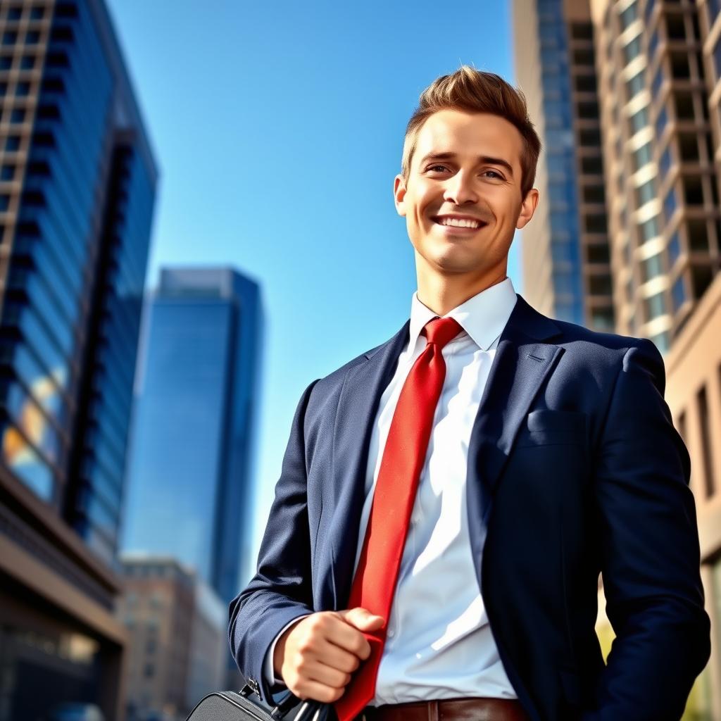 A confident adult male standing tall in a stylish urban setting, wearing a tailored navy blue suit with a crisp white shirt and a vibrant red tie