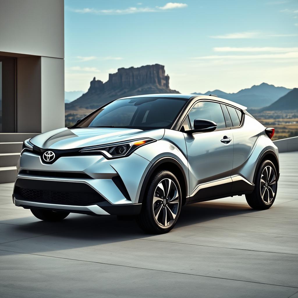 A brand new 2024 Toyota C-HR II in a striking silver finish, featuring bold lines and a sleek silhouette that exudes modernity and style