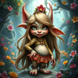 A fantasy goblin girl with human-like features, characterized by big breasts and long flowing hair