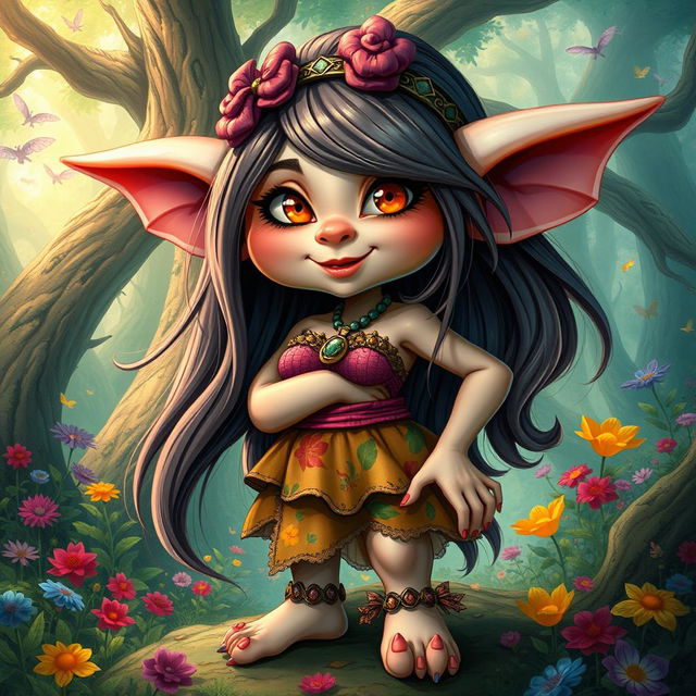 A fantasy goblin girl with human-like features, characterized by big breasts and long flowing hair