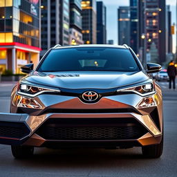 A brand new 2024 Toyota C-HR, showcasing its bold lines and sleek stylish silhouette, parked in a modern urban setting with vibrant city lights reflecting on the car's shiny surface