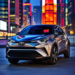 A brand new 2024 Toyota C-HR, showcasing its bold lines and sleek stylish silhouette, parked in a modern urban setting with vibrant city lights reflecting on the car's shiny surface