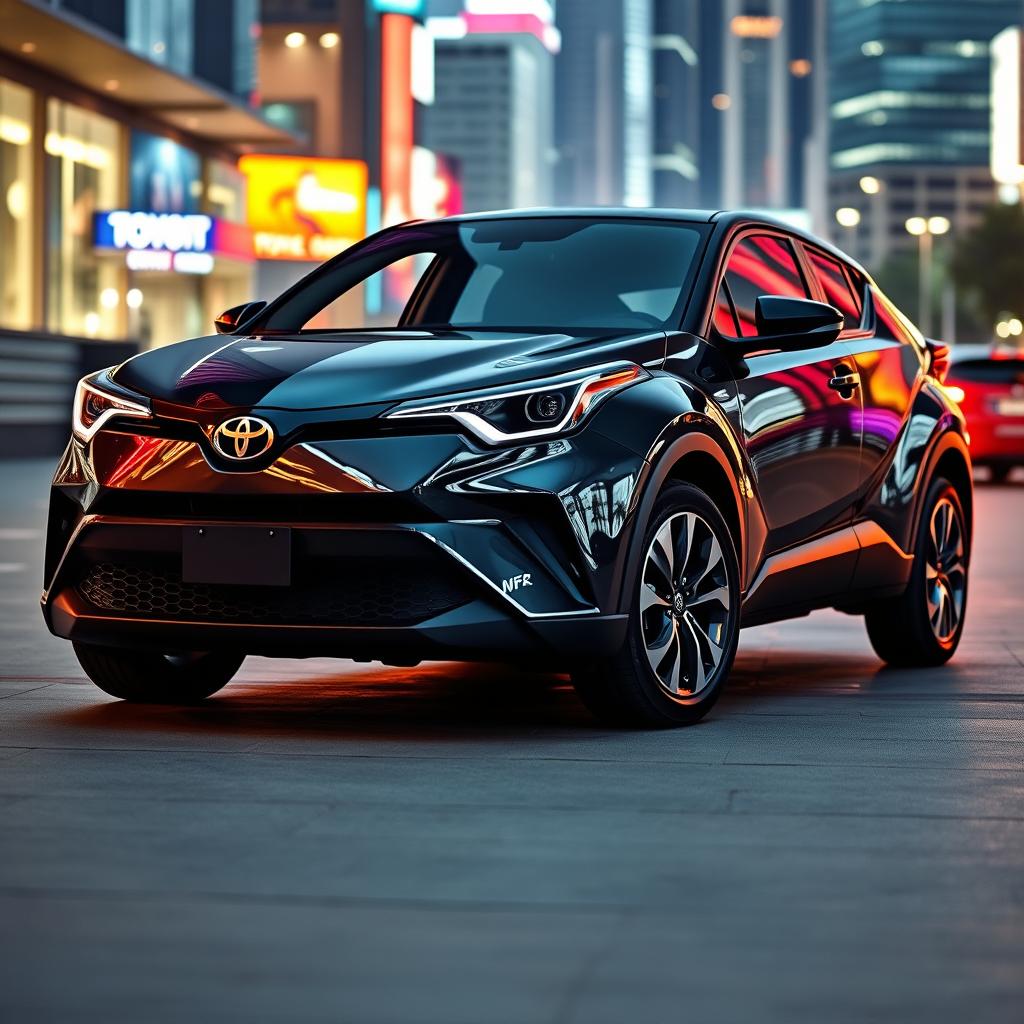 A brand new 2024 Toyota C-HR, showcasing its bold lines and sleek stylish silhouette, parked in a modern urban setting with vibrant city lights reflecting on the car's shiny surface