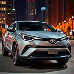 A brand new 2024 Toyota C-HR, showcasing its bold lines and sleek stylish silhouette, parked in a modern urban setting with vibrant city lights reflecting on the car's shiny surface