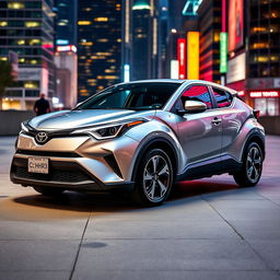 A brand new silver 2024 Toyota C-HR, showcasing its bold lines and sleek stylish silhouette, parked in a modern urban setting with vibrant city lights reflecting on the metallic surface of the car