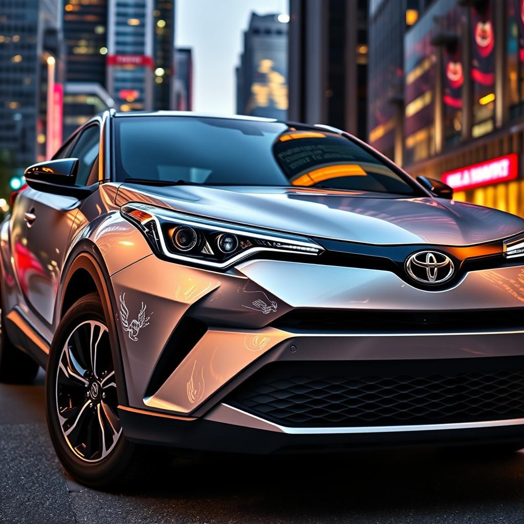 A brand new silver 2024 Toyota C-HR, showcasing its bold lines and sleek stylish silhouette, parked in a modern urban setting with vibrant city lights reflecting on the metallic surface of the car