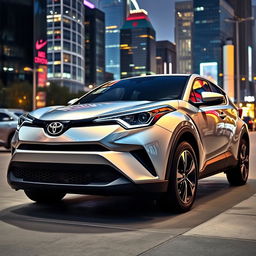 A brand new silver 2024 Toyota C-HR, showcasing its bold lines and sleek stylish silhouette, parked in a modern urban setting with vibrant city lights reflecting on the metallic surface of the car