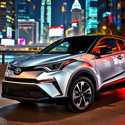 A brand new silver 2024 Toyota C-HR, showcasing its bold lines and sleek stylish silhouette, parked in a modern urban setting with vibrant city lights reflecting on the metallic surface of the car