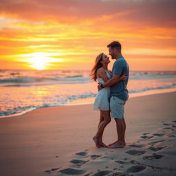 A romantic scene featuring a couple embracing on a sandy beach during sunset, with soft waves lapping at their feet