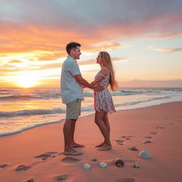 A romantic scene featuring a couple embracing on a sandy beach during sunset, with soft waves lapping at their feet