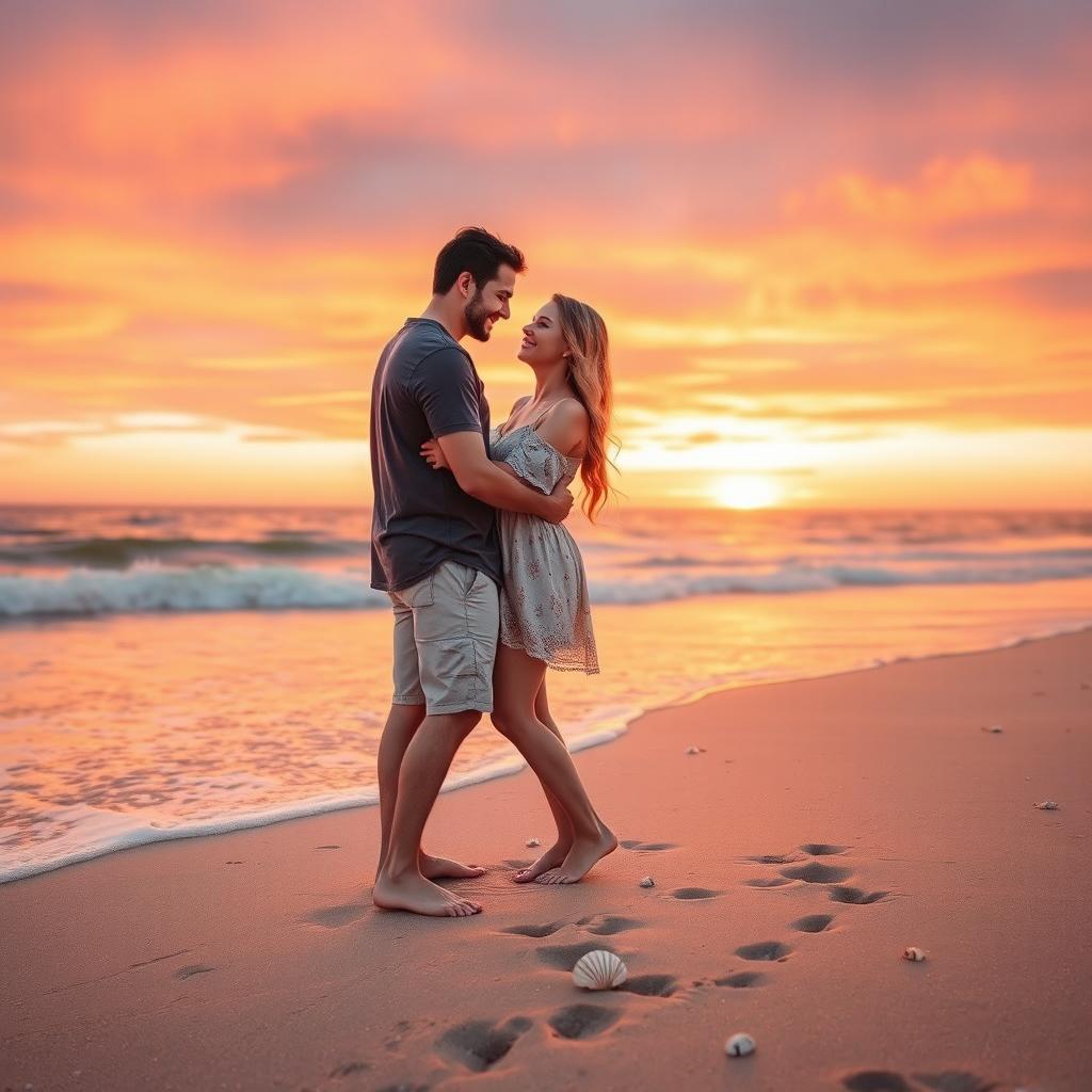 A romantic scene featuring a couple embracing on a sandy beach during sunset, with soft waves lapping at their feet