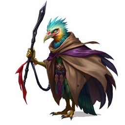 A fantasy kenku character draped in a flowing cloak, holding a sleek black staff