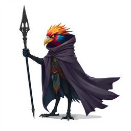 A fantasy kenku character draped in a flowing cloak, holding a sleek black staff