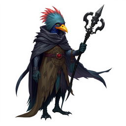 A fantasy kenku character draped in a flowing cloak, holding a sleek black staff